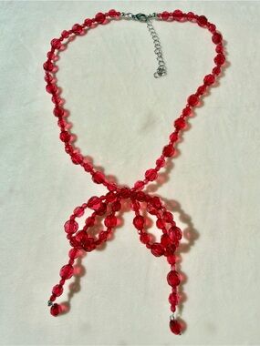 La Muradian Ruby Red Crystal Bow Necklace 16” + 2” Extender Coquette Glam